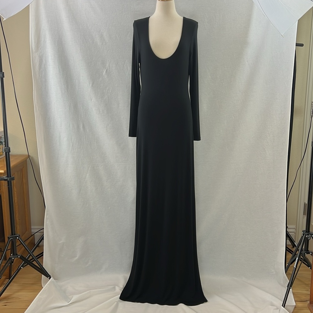TART Plunging Neckline, Long Sleeves, 65" Long Black Maxi Dress, Size Large NWOT